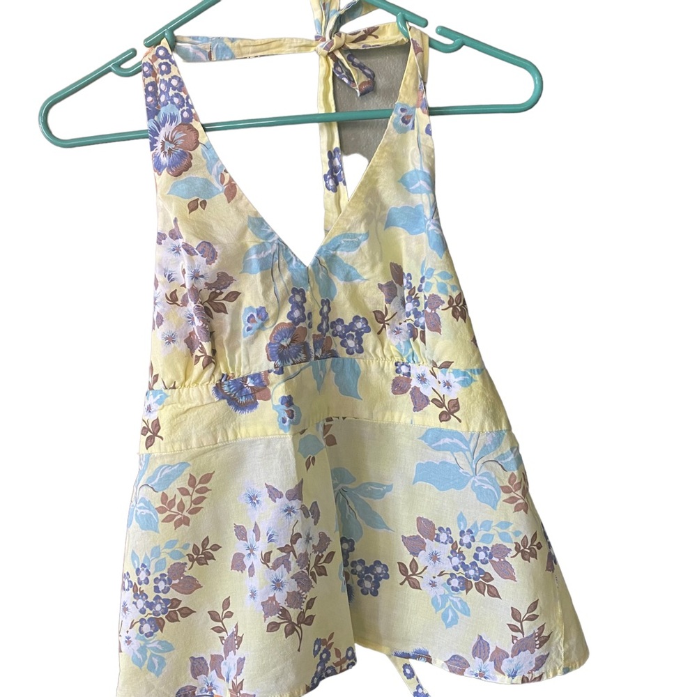 Women’s Halter Top Old Navy Size L; Yellow, Brown, Blue & White Floral print